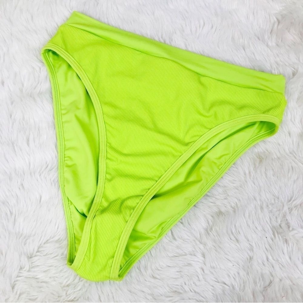 L*SPACE Frenchi Bitsy Cut Bikini Bottom‎ Large Green Neon High Waist Ribbed New
